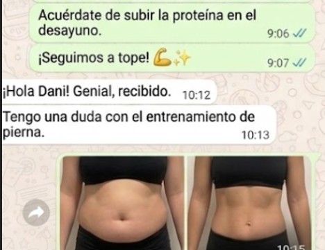 Testimonio real por WhatsApp de una alumna con foto de antes y después de su tripa